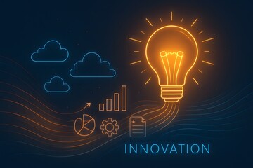 Poster - Creative Light Bulb Concept with Data Elements and Clouds Illustration