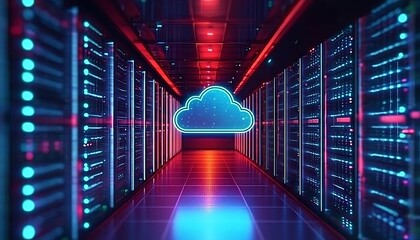 Futuristic server room displays modern digital tech. Cloud tech icon glows in data center. Modern tech equipment. Hybrid cloud network. Serverless architecture. Advanced computer system. Powerful, 