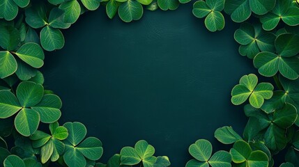 Wall Mural - green clover leaves frame on dark background.
