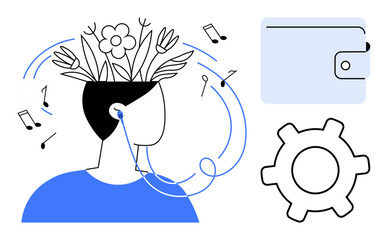 Person wearing earphones with growing flowers and music notes representing creativity, next to gear icon and wallet. Ideal for creativity, innovation, music, self-expression, finances, productivity