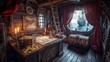 © Gadis - Pirate captain's cabin interior, gazing at ship, ocean view, aged wood background