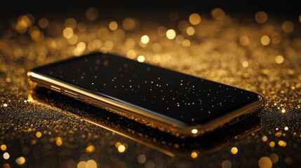 Wall Mural - gold smartphone on glittering surface.