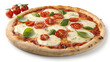 © fashanbd - Margherita pizza garnished with fresh basil. isolated on black wooden background. Ingredients of a delicious burger with ground beef patty, lettuce, bacon, onions, tomatoes and cucumbers