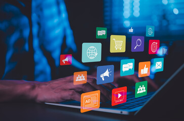 Wall Mural - digital marketing and social media strategy concept. laptop with icons for advertising, shopping, me
