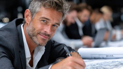 Leinwandbilder - A man in a suit is smiling and writing on a piece of paper