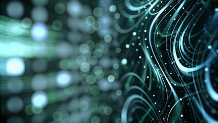 Poster - A digital data stream background with abstract elements in green and blue tones, showcasing futuristic technology, network flow, and virtual connections in a vibrant digital landscape