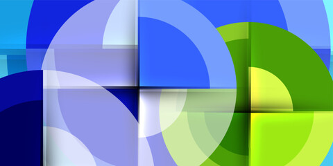 Aufkleber - Abstract composition. Overlapping circles, squares create vibrant geometric pattern. Blue, green hues dominate design. Modern aesthetic.