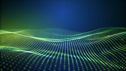 Poster - Abstract green and blue particles background. Flow wave with dot landscape. Digital data structure. Future mesh or sound grid. Pattern point visualization. Futuristic dynamic connection network