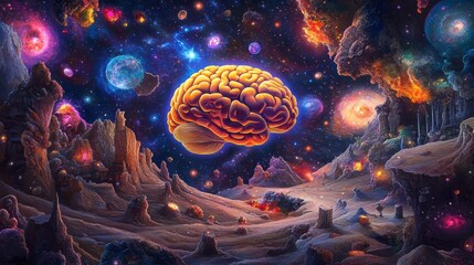 Wall Mural - a human brain floats in a vibrant, surreal cosmoscape of planets, nebulae, and fantastical rock form