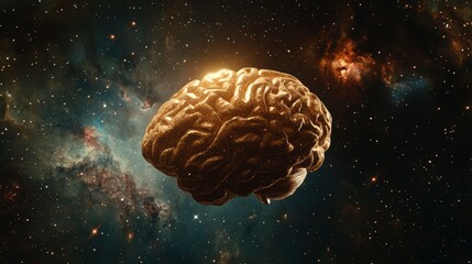 Wall Mural - golden brain floats in vibrant nebula, representing intelligence, cosmos, and potential.
