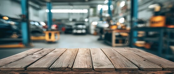 Aufkleber - Rustic wood plank table with blurry auto repair shop equipment for product display showcasing