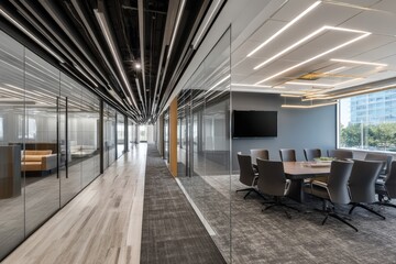 Aufkleber - Sleek modern office interior with glass enclosed spaces linear lighting and conference room showcasing innovative design and professional atmosphere
