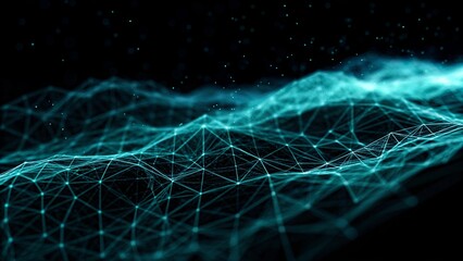 Poster - Digital cyberspace futuristic, Green and Blue color particles wave flowing with lines and dots connection, Technology network abstract background. 3d rendering, digital innovation, visualization data