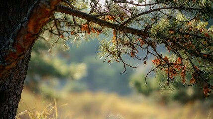 Wall Mural - close-up of a pine tree branch with needles and cones, blurred background showing a field.
