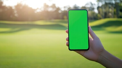 Wall Mural - hand holding smartphone with green screen outdoors on golf course.