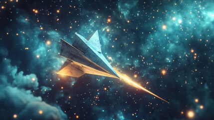 pixel paper airplane soaring through a vibrant nebula