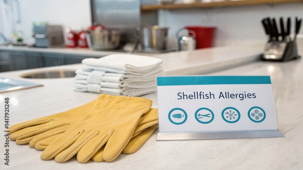Precautionary Sign for Shellfish Allergies in Modern Kitchen Setting ...