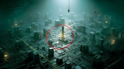 A digital futuristic cityscape with a grid like structure and illuminated buildings suggesting advanced technology and communication