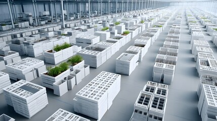 Aufkleber - A large scale futuristic industrial warehouse showcasing an efficient modular storage and production system utilizing advanced technology and automation for sustainable manufacturing processes