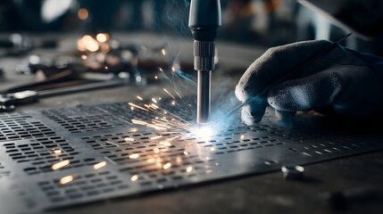 Poster - A skilled TIG welder meticulously working on fine aluminum components with cinematic lighting and a shallow depth of field creating a captivating industrial atmosphere