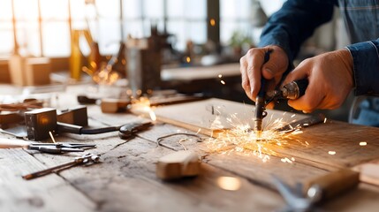 Fototapete - A skilled welder carefully guides a welding torch over a copper plate generating a shower of bright sparks in a well lit workshop setting