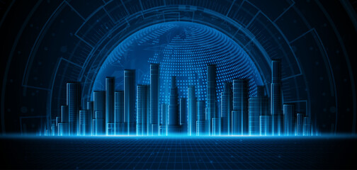 Aufkleber - Smart city technology with hologram world in the background. Future technology city architecture concept. Digital hi-tech city design. Technology city background.
