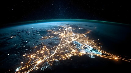 Poster - Aerial view of a vast densely populated urban center glowing under the night sky showcasing the extensive infrastructure and interconnected network of a thriving metropolitan area