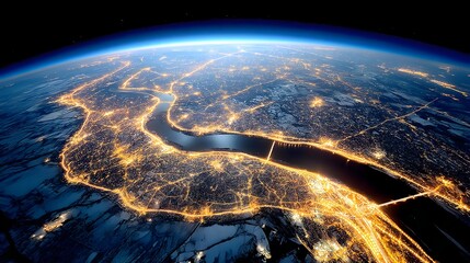 Poster - Aerial view of the bustling cities and infrastructure of Warsaw and Eastern Europe illuminated against the dark backdrop of the Earth at night as seen from the vantage point of space