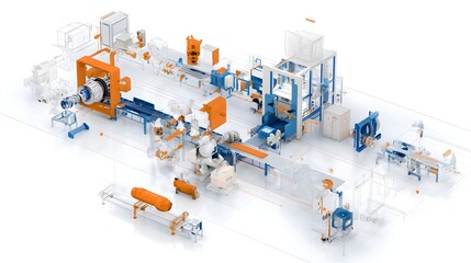 Fototapete - Detailed schematic view of an automated manufacturing assembly line with a specific focus on the welding phase of the production process