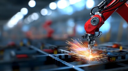 Poster - Robotic arm precisely welding a steel frame in an advanced manufacturing facility creating dramatic sparks and a futuristic industrial scene