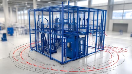 Aufkleber - This image depicts the blueprint or schematic design of a multi axis robotic TIG Tungsten Inert Gas welding system set up within a factory manufacturing cell  The robotic welder is shown in a caged