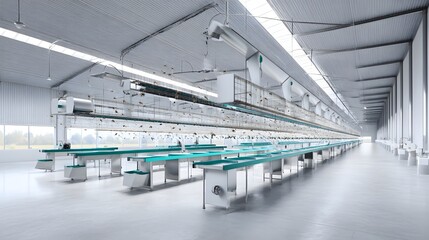 Poster - Vast climate controlled factory floor with a complex system of conveyor belts and for efficient large scale industrial production