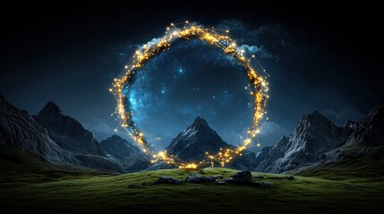 Aufkleber - A glowing circle in the sky above a mountain range