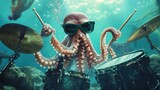 An octopus wearing sunglasses and playing the drums underwater --ar 16:9 --v 6.1 Job ID: 6f4fe6d9-fbbf-43f9-8103-53ad444d28e7