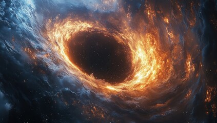 a black hole surrounded by swirling orange and blue cosmic dust and gas.