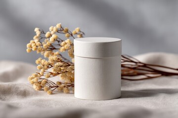 Wall Mural - close-up of paper-based cosmetic container on neutral fabric surface with dry flowers nearby
