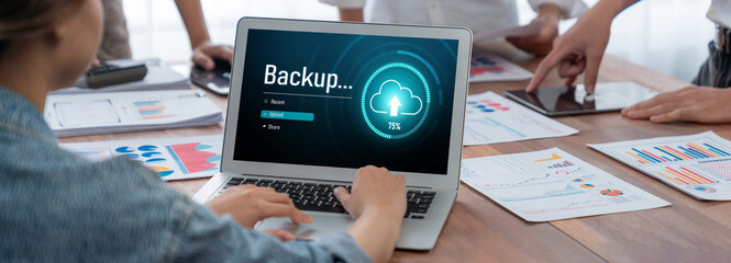 Fototapete - Backup Storage Data Internet Technology Business concept. Database storage cloud technology file data transfer sharing, cyber, big data information, internet banking application download upload brisk