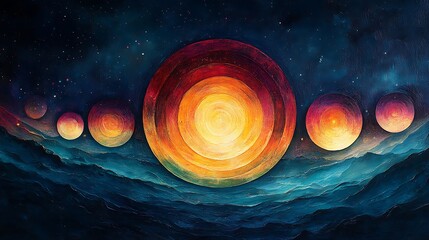 Wall Mural - Cosmic spheres aligned above a celestial landscape.