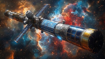 Wall Mural - Cosmic station glides through vibrant nebulae.