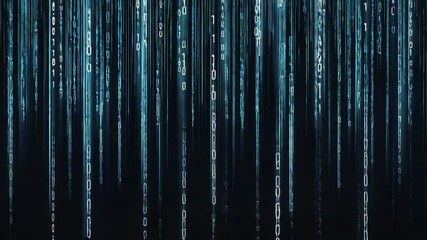 Abstract digital stream background with binary code rain effect. Glowing data flow simulation with zeros and ones falling on dark backdrop.