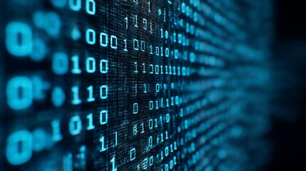 Glowing blue binary code streams across a dark digital background