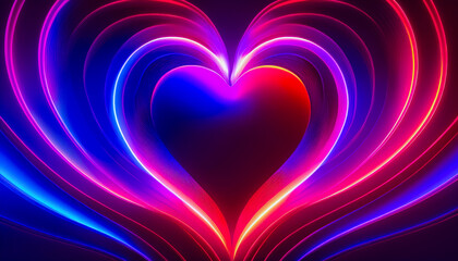 Fototapete - Colorful heart shape made with neon lights in vibrant shades of red, pink, purple, and blue on a dark background