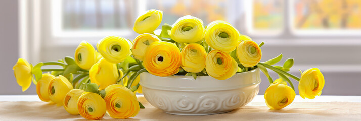 Poster - Bright yellow flowers arranged in a decorative bowl in a sunlit indoor setting during spring