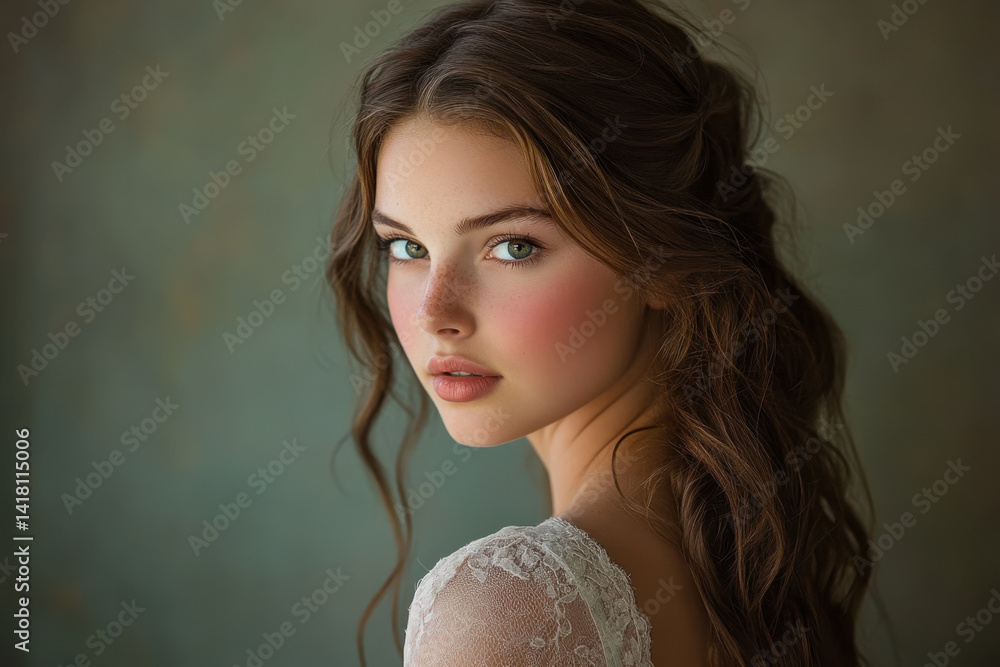 Beautiful woman with long hair in a flowing white dress, standing on a ...