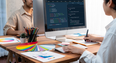 Leinwandbilder - Software development programming on computer screen for brisk application and program coding