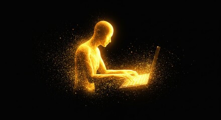 radiant humanoid silhouette typing on futuristic keyboard in golden particles