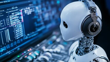 Futuristic humanoid robot with headphones working on computer code compilation process