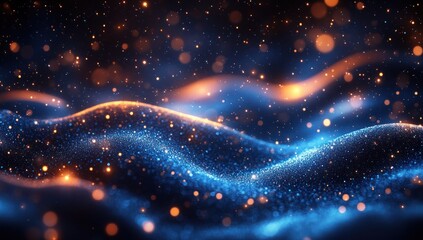 Abstract background with glowing blue and orange waves and bokeh lights.