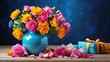 © MST - A vibrant bouquet of multicolored artificial daisies in a light blue pot sits on a wooden surface. Nearby is a small