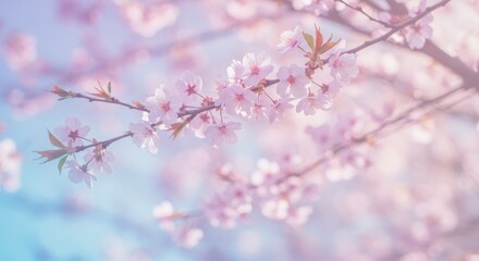 Wall Mural - delicate pink cherry blossoms - soft, pastel pink cherry blossoms in full bloom on a branch, bathed 